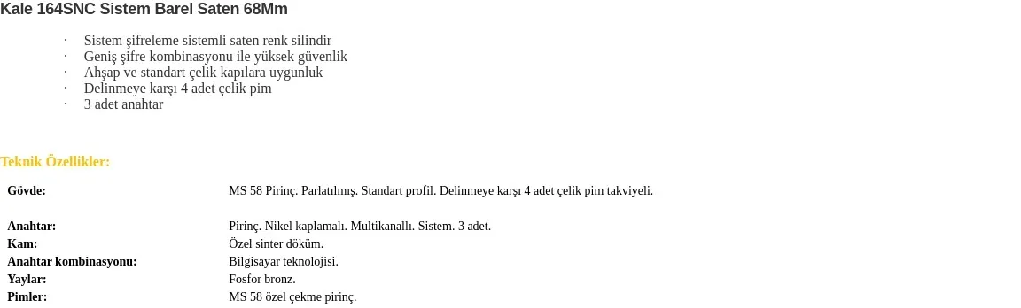 Kale 164SNC Sistem Silindir Kilit 68 mm Nikel - Ürün Detayı 1
