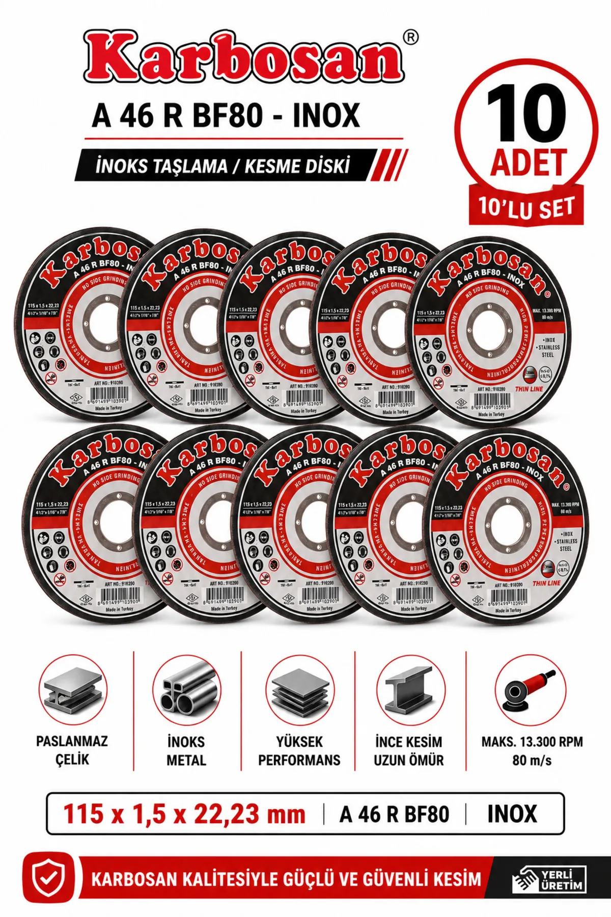 Karbosan A46 R BF80 INOX Metal Kesme Diski 115x1,5x22,23 mm 10'lu Set - Görsel 1