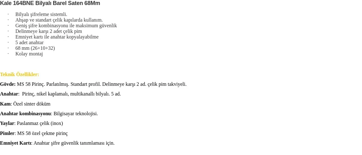 Kale 164BNE 68 mm Emniyet Kartlı Bilyeli Silindir 164BNE00006 - Ürün Detayı 1
